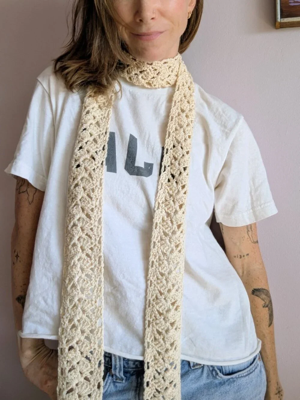 Handmade Crochet Lace Sequin Skinny Scarf Extra Long Linen Cream Gold